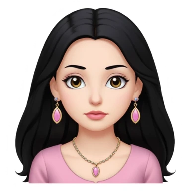 Menina branca ,cabelos pretos longos, olhos pretos puxados para cima. Cílios longos, lábios grossos ,nariz pequeno ,vestido rosa claro de alça. Colar e brinco bem pequeno sticker