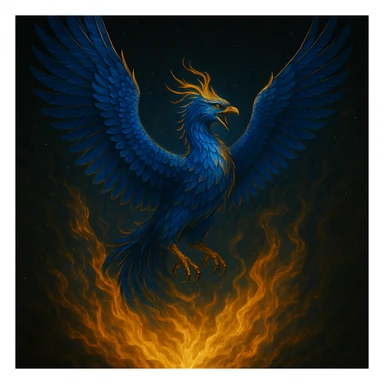 Change the fierce phoenix to blue and gold colors, keep the dramatic lighting, detailed plumage, rising from flames. sticker