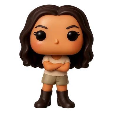 Enhance the quality of the image with smooth golden peach skin and a healthy glow, dark hair with subtle auburn highlights, dark greige leather boots, textured clothing (cream top, greige bottom), arms crossed, rosy cheekbones, very subtle freckles, no neck visible, eyebrows with a mischievous and playful expression, no mouth, transparent background. Maintain the original style and details from the reference image. sticker