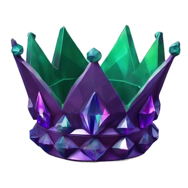sculpture crown with a geometric faceted design. The crown is sparkling and standing upright on a base with angular and flower features. The vibrant dark purples and greens highlights the sharp edges and planes.  sticker