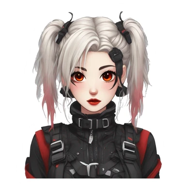 Gorgeous gothic techwear anime style lady with blushing face aesthetic and pretty edgy black red punk messy wild cute hair with collar and harness trending style sticker