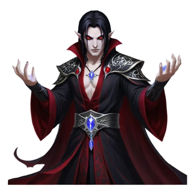 Cinematic Realistic WoW Vampire Mage Portrait, captured in a dynamic, battle-ready pose as he unleashes a torrent of arcane energy. His pallid skin and sleek dark hair contrast sharply with the flowing black robe adorned in silver filigree and glowing runes, while his crimson eyes radiate unyielding power. Rendered with intense, lifelike texture and dynamic, eerie lighting, high shine, embodying the fierce, relentless spirit of a dark sorcerer. sticker