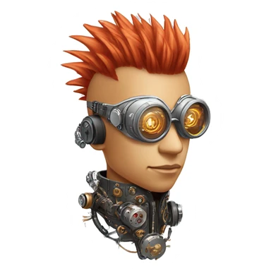 Light red Mohawk hair male cyborg head with white steampunk goggles and circuits sticker