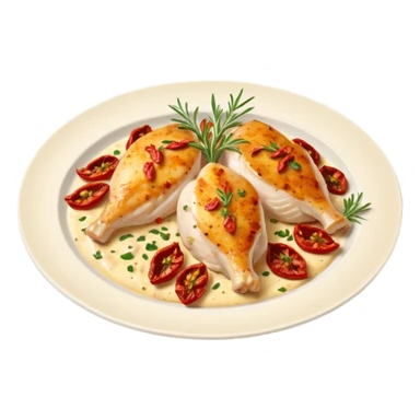plate of Marry Me Chicken with golden seared chicken breasts in creamy sauce with sun-dried tomatoes and herbs on white plate sticker