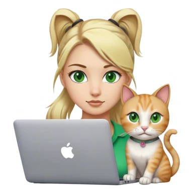 Blonde woman ponytail green eyes with cat and MacBook sticker
