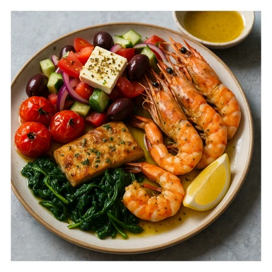 realistic Mediterranean meal plate with seafood, vegetables, and olive oil, vibrant colors sticker