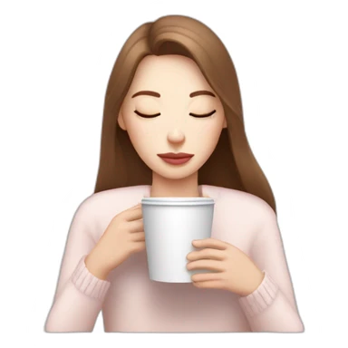 woman with pale skin and brown long thin hair wearing a white woolly shirt drinking coffee from a light pink takeaway cup eyes closed sticker