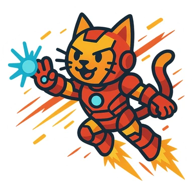 a heroic cat with Iron Man armor, flying with repulsor beams, energetic scene sticker