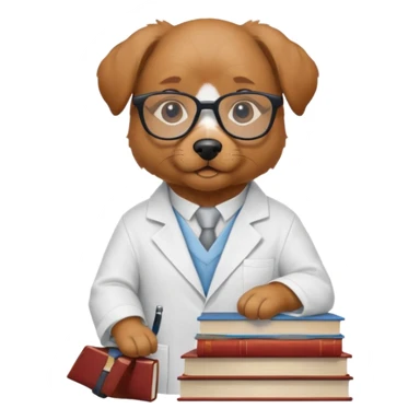 Wise dog with glasses, wearing a lab coat, perched on a stack of books. sticker