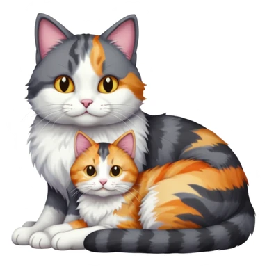 full body large dark grey and white cat cuddling a colourful light patched calico + white tabby cat  sticker