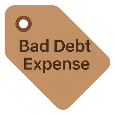 brown price tag icon with 'bad debt expense' in bold clear lettering sticker