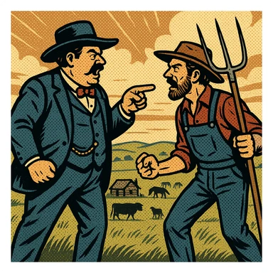 The full body of a wealthy cattle baron from the 1870s American West in an argument facing a homestead settler holding his pitch fork.  In the background is the Great Plains with cattle and horses sticker