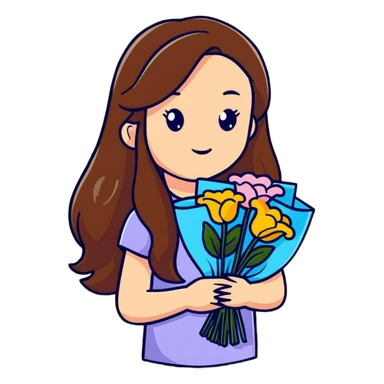 cool girl with long brown hair and fair skin holding a bouquet of flowers, stylish sticker