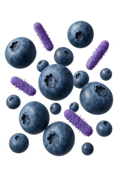 mirtilli fluttuano in aria insieme a 6 batteri intestinali viola, iperrealistico 4k sticker