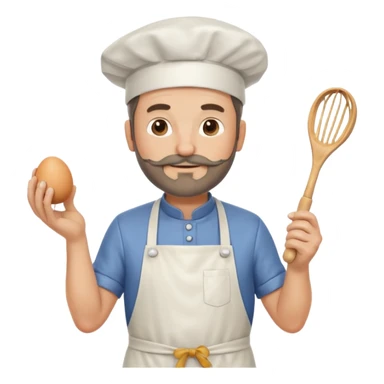Middle aged male pastry chef - with a small beard, apron, white hat, holding an egg beater in his right hand, and his left hand naturally hanging down to his side sticker