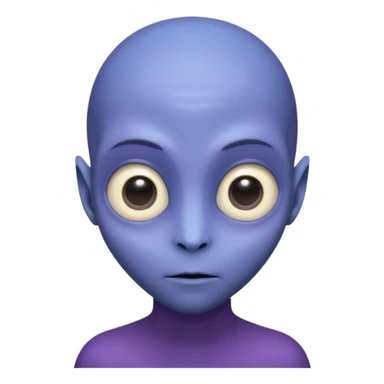 Portrait of an alien with smooth purple-blue skin, large black oval eyes, small nose, and no visible ears, elongated head, front-facing, wearing brown t-shirt, soft glow, simple futuristic design sticker