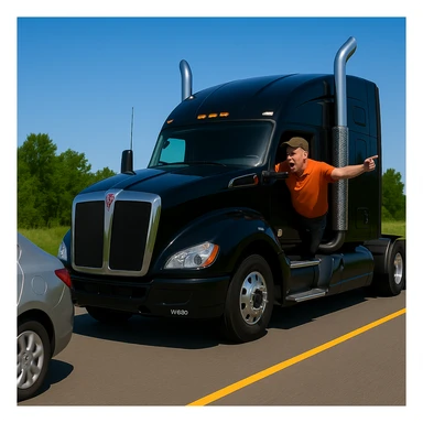 Zoom the scene out so the view is a little farther away, showing more of the road and both vehicles. Keep the black Kenworth W680 semi with chrome stack, angry bald driver in orange shirt and baseball cap, arm out the window, following a car. Scene should remain bright and vibrant. sticker
