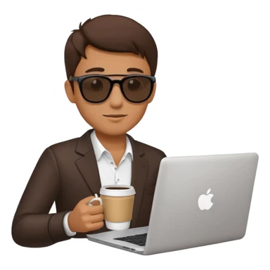 man wearing sunglasses holding a coffee cup and working on a laptop sticker