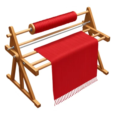 rigid heddle weaving loom set up for weaving a bright red scarf, with red yarn on a stick shuttle laying across the warp threads sticker