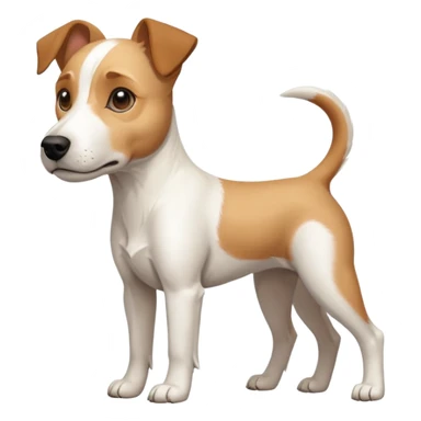 a full body facing front on of a buff white parson russell terrier looking dog the size of a kelpie with light brown long ears resting on its face and a light brown patch on one eye and a large snout. the rest of the dog is completely white.  sticker