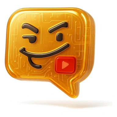 speech bubble with a playful sarcastic grin, red YouTube play button, glossy circuit style sticker