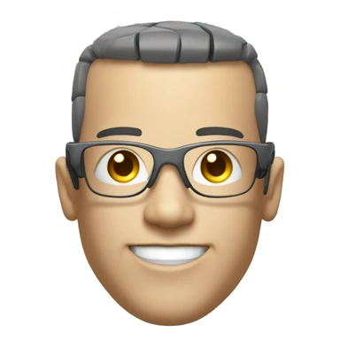 Cyborg head with fair skin, flat top haircut, rectangular glasses, circuits and smiling  sticker