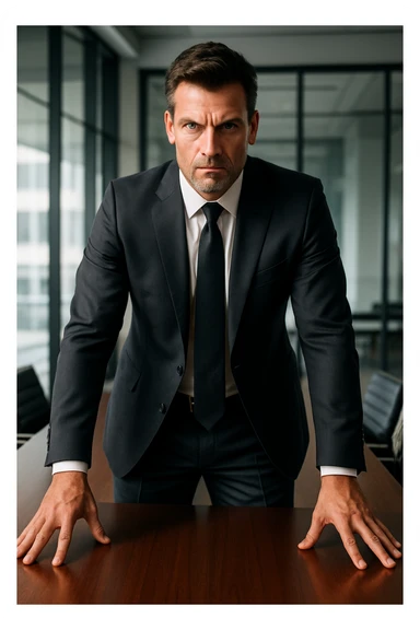 a dominant man standing at a conference table, powerful stance, business environment, commanding and influential demeanor sticker