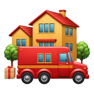 apple style emoji of a truck connected by street lines to a package, a house, and a company building, clear symbols, friendly colors, neutral background sticker