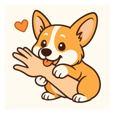 изобразить моего корги, сохранив внешность и телосложение в позе и эмоции как на первом референсе
обхватывает передними лапками человеческую руку и мило прикусывает sticker