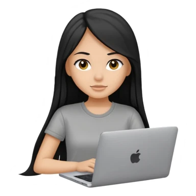 a pretty tan bratz girl with black long straight hair, wearing a grey tshirt using her laptop  sticker
