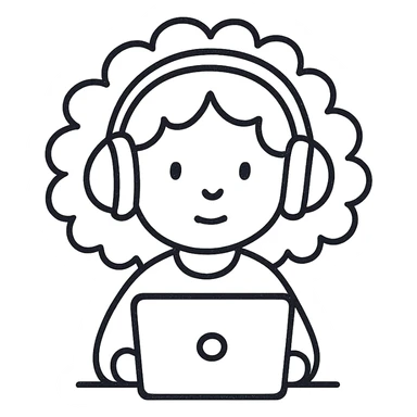 hand drawn outline icon of a curly hair girl with headphones and a laptop sticker
