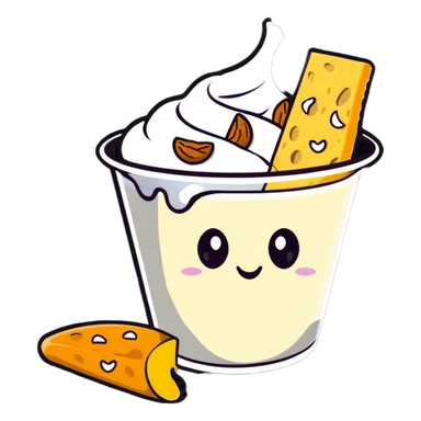 A single large white bone, clearly visible and dominant in the center, glowing with light. Around it, but not touching, are smaller floating items: a cup of yogurt, a small pile of shredded cheese, several almonds, and sesame seeds. sticker