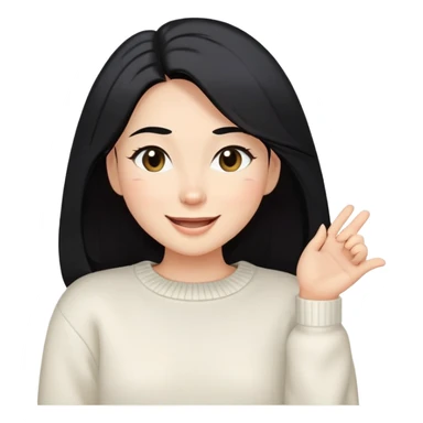A woman with longer black hair, light to medium skin tone, full cheeks, and almond-shaped eyes, wearing a simple white sweater, joyful and radiant expression, cheerful, winking. sticker