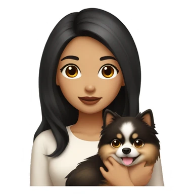 A girl with long black hair, light brown eyes, big lips, she has fair skin, holds a light pomeranian in her hands sticker