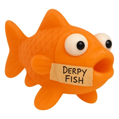 Replace the tag on the side of the fish with a piece of masking tape stuck across the whole side. The tape should have 'Derpy Fish' written in sloppy sharpie handwriting. Keep the fish exactly the same: bright orange, somewhat transparent, retro 90's toy look, derpy eyes, soft plastic, soft reflections, soft and squishy texture, some cloudiness, not shiny, highly detailed, appealing, and no background. The style is a bright orange, somewhat transparent, retro 90's toy look fish with derpy eyes and soft plastic texture, soft reflections, and some cloudiness, not shiny. sticker