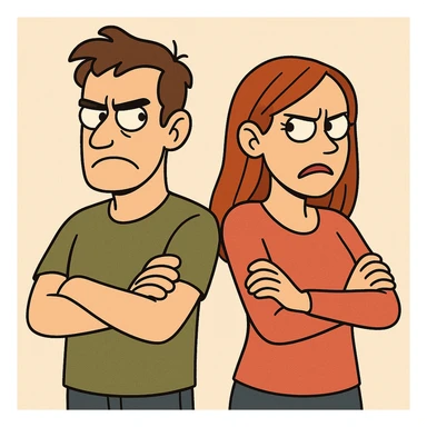man and woman with crossed arms, tense faces, bold colors, flat-toon style sticker