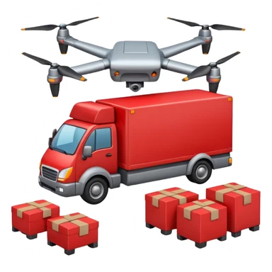create a realistic emoji showing logistics in different ways. Maybe a car, a storage room, a place where everything is stored, drones and so on sticker