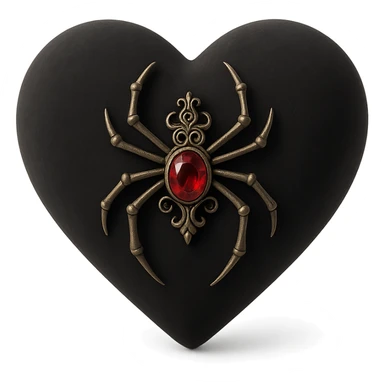 gothic heart in 3D black style, black velvet texture, silver spider brooch, deep red gemstone, ornate and dark sticker