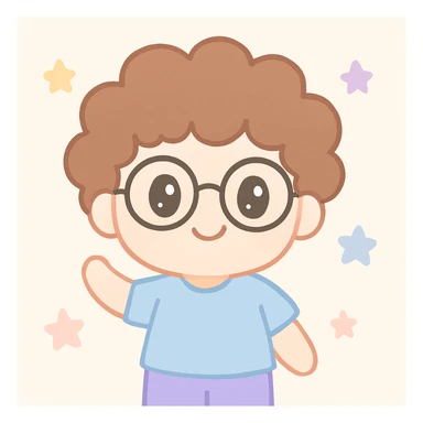 character with curly brown hair, eyeglasses, white complexion skin, cute cartoon style sticker
