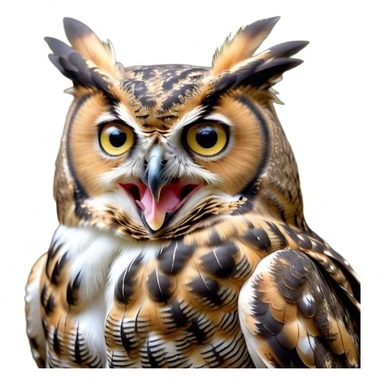 Cinematic Cute Yawning Great Horned Owl Portrait Emoji, Head tilted slightly with a dramatic, wide-open yawn, showcasing a soft, downy mottled plumage with gently drooping feathers, round golden eyes barely open in drowsy contentment, Simplified yet irresistibly adorable features, highly detailed, glowing with a soft, cozy glow, high shine, relaxed yet expressive, stylized with a touch of nocturnal whimsy, bright and endearing, soft glowing outline, capturing the essence of a sleepy yet affectionate owl, so drowsy it feels like it could glide out of the screen and curl up for a nap! sticker