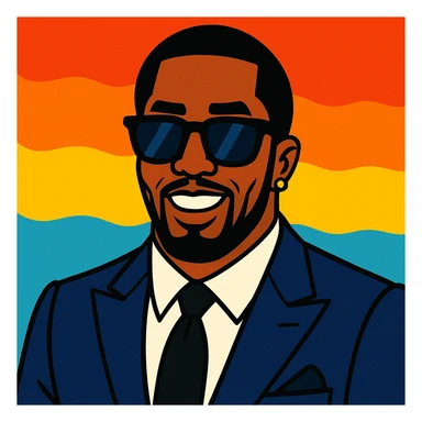 P Diddy in a stylish suit with sunglasses, vibrant cartoon style sticker