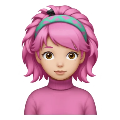 brown fluffy haired girl with pink turtleneck sweater and pink hair band sticker