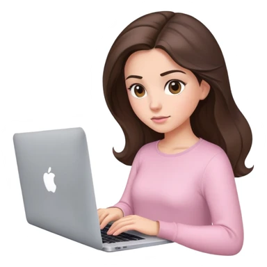 Brunette pretty girl, blowout hair, working on macbook, light pink top sticker