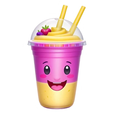 Cute Kawaii Smoothie Cup, filled with blended fruity goodness, a smiling face with excited eyes, bright colorful layers of pink, yellow, and purple, topped with a straw and tiny fruit slices! sticker