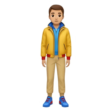 un hombre con: una chaqueta amarilla, pantalones rojos y zapatos azules. sticker