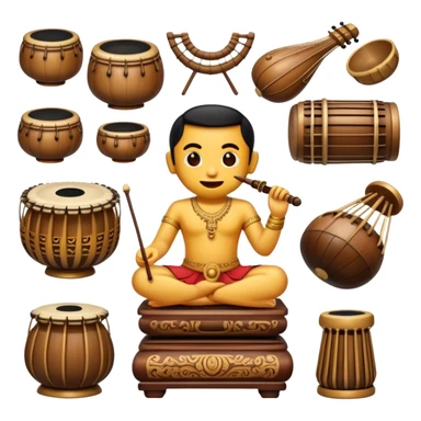 Cinematic Realistic Gamelan Pop Culture Emoji, depicted with an ensemble of traditional Indonesian instruments rendered with rich textures and rhythmic, cultural lighting. sticker