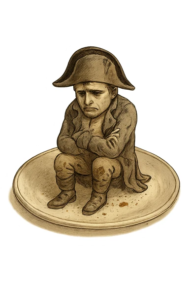 Сгенерируй мне такую же тарелку, только чтобы на ней сидел наполеон бонапарт, грустный, в чуть чуть рваной одежде. ТОРТ УБЕРИ ПОЛНОСТЬЮ. На прозрачной фоне  sticker