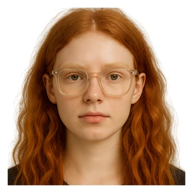 A red-haired girl with blond eyebrows and square glasses, bufo style sticker