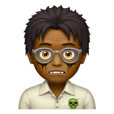 Um garoto zombie de cabelo castanho escuro, quase preto, com um cabelo médio, com olhos castanhos esverdeados, de camisa branca, com óculos redondo sticker