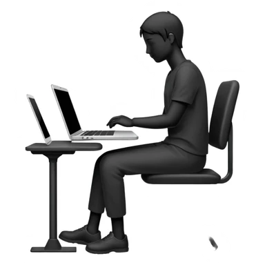 Minimalistic flat vector icon, iOS style, thin black contour on white background. Person silhouette sitting with a laptop, code brackets <> on the screen. Clean, no te sticker